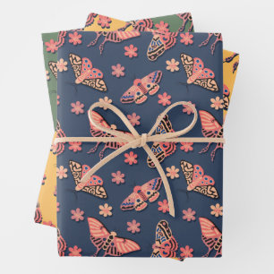 Colorful Pink, Peachy Moths & Flowers Pattern Wrapping Paper Sheet