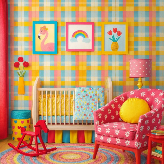 Colorful Plaid Pink Yellow and Blue  Wallpaper ( Vibrant pastel plaid wallpaper that brightens any nursery with cheerful, playful color. (mockup) )