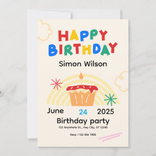 Colorful Playful Illustrated Cupcake Kids Birthday Invitation