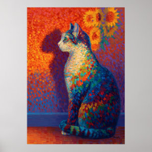 Colorful Pointillism Cat with Sunflowers Art Poster