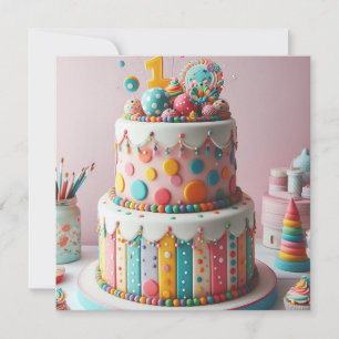 COLORFUL POLKA DOT CAKE 1st BIRTHDAY Invitation