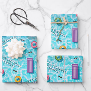 Colorful Poolside Items Summer Birthday Pool Party Wrapping Paper Sheet
