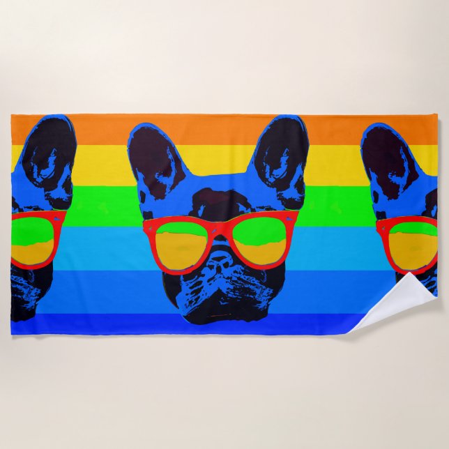 Colorful Pop Art French Bulldog Beach Towel (Front)