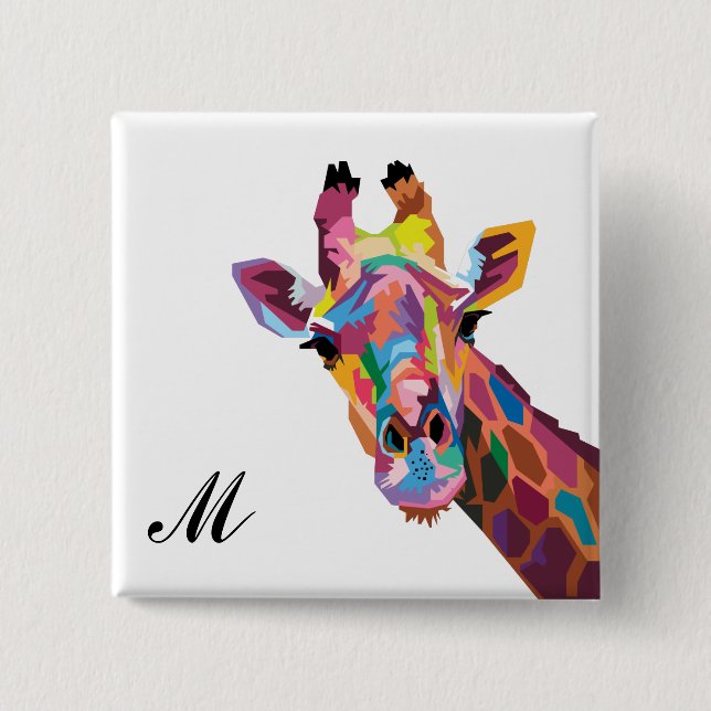 Colorful Pop Art Giraffe Monogrammed 2 Inch Square Button (Front)