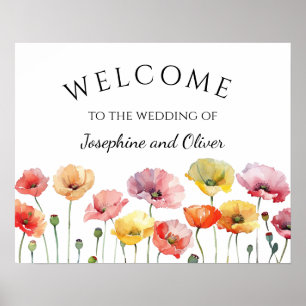 Colorful poppy wild flowers wedding welcome sign