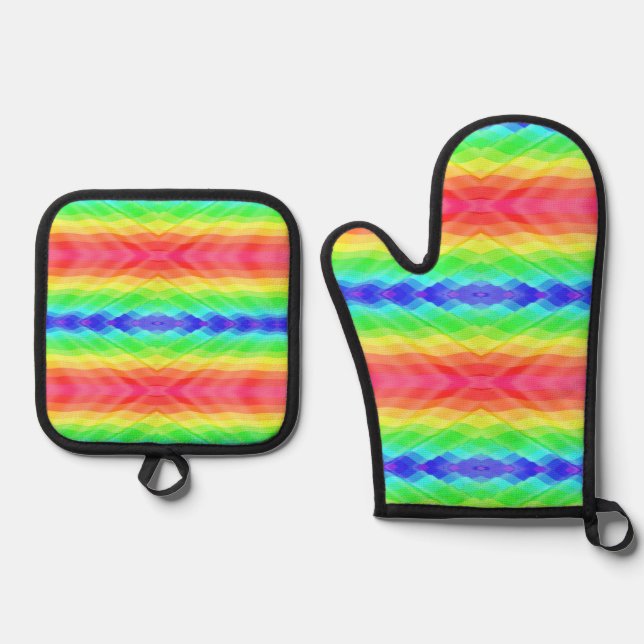 Colorful pot holder and oven mitt set with vibrant (Front)