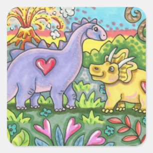 COLORFUL PREHISTORIC DINOSAURS, CUTE DINO FRIENDS SQUARE STICKER