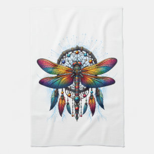 Colorful Psychedelic Dragonfly Dreamcatcher Boho Kitchen Towel
