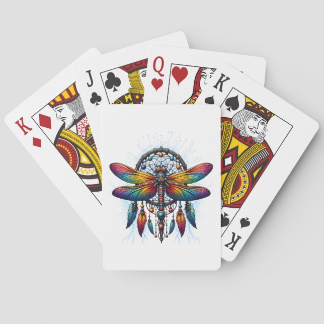 Colorful Psychedelic Dragonfly Dreamcatcher Boho Playing Cards (Back)