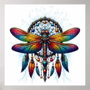Colorful Psychedelic Dragonfly Dreamcatcher Boho Poster