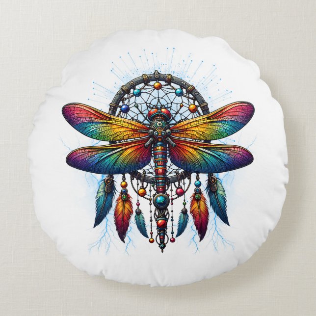 Colorful Psychedelic Dragonfly Dreamcatcher Boho Round Pillow (Front)