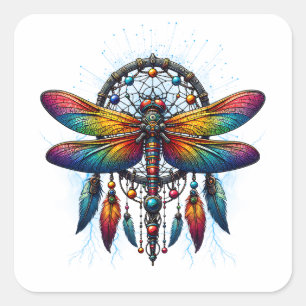 Colorful Psychedelic Dragonfly Dreamcatcher Boho Square Sticker