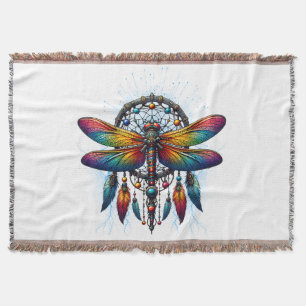 Colorful Psychedelic Dragonfly Dreamcatcher Boho Throw Blanket