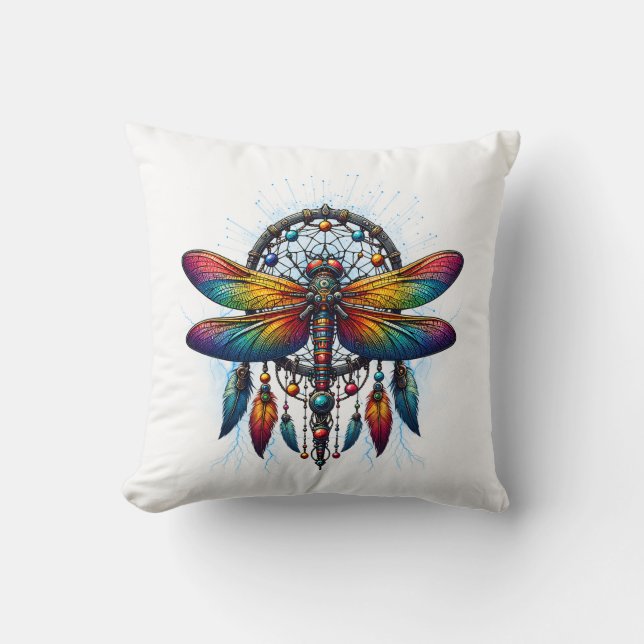 Colorful Psychedelic Dragonfly Dreamcatcher Boho Throw Pillow (Front)