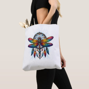 Colorful Psychedelic Dragonfly Dreamcatcher Boho Tote Bag