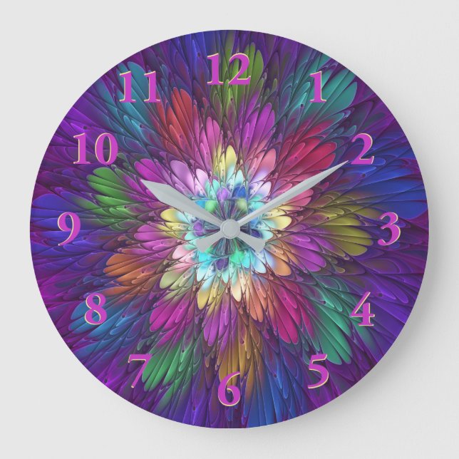 Colorful Psychedelic Flower Abstract Fractal Art Large Clock (Front)