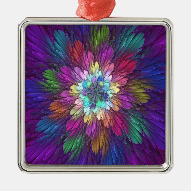 Colorful Psychedelic Flower Abstract Fractal Art Metal Ornament (Front)