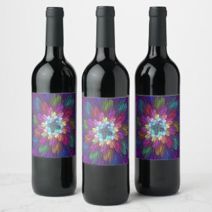 Colorful Psychedelic Flower Abstract Fractal Art Wine Label