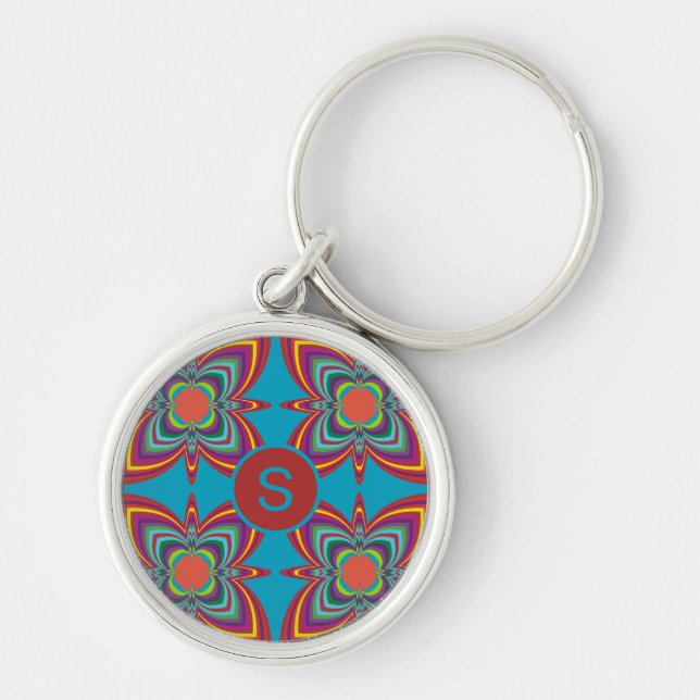 Colorful Psychedelic Geometric Pattern Monogram Keychain (Front)