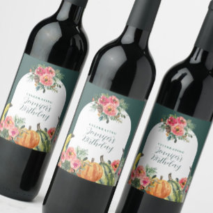 Colorful Pumpkins Fall Pink Floral Birthday Party Wine Label