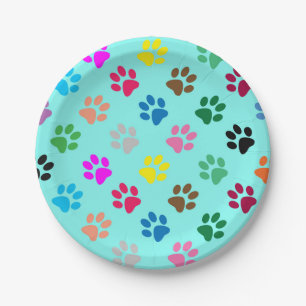 Colorful puppy paw prints paper plate