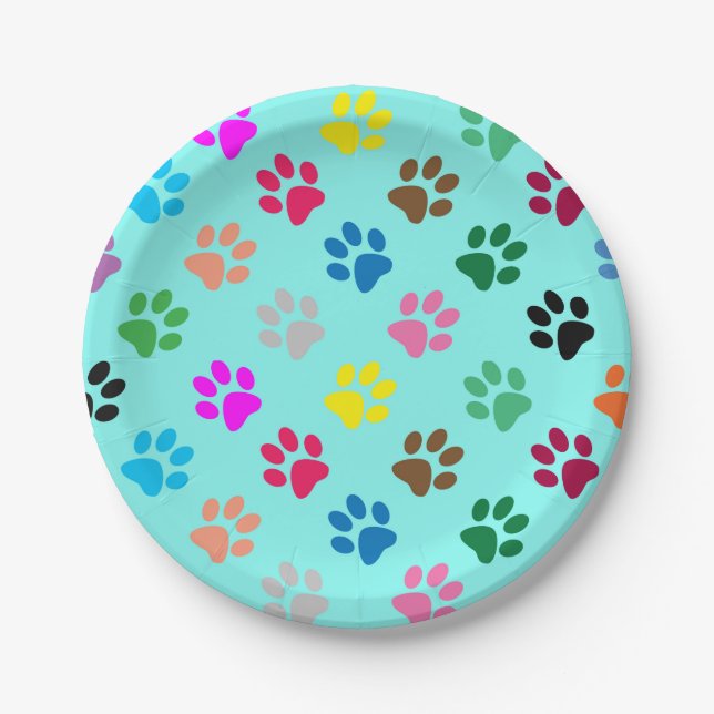 Colorful puppy paw prints paper plate (Front)
