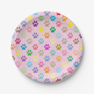 Colorful puppy paw prints paper plate