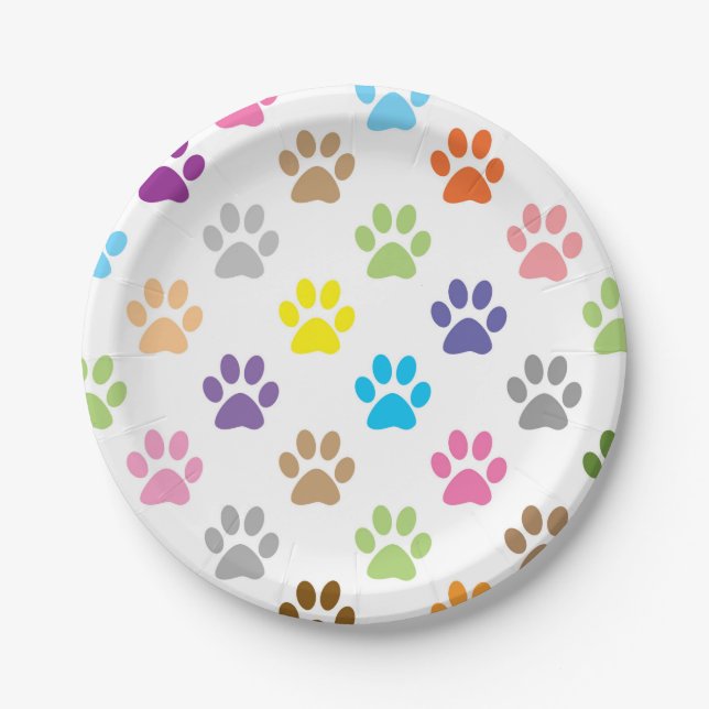 Colorful puppy paw prints paper plate (Front)