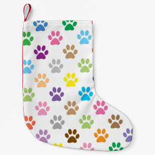 Colorful puppy paw prints small christmas stocking
