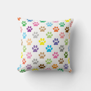 Colorful puppy paw prints throw pillow