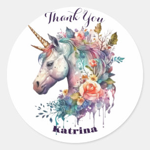 Colorful Purple Magical Floral Unicorn Watercolor Classic Round Sticker