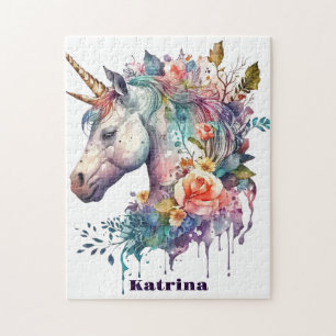 Colorful Purple Magical Floral Unicorn Watercolor Jigsaw Puzzle