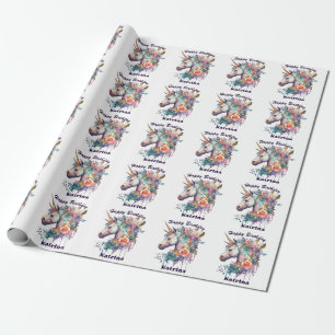 Colorful Purple Magical Floral Unicorn Watercolor Wrapping Paper