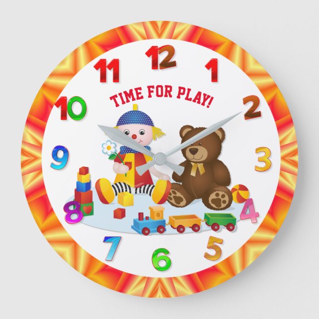 Colorful Rag Doll and Teddy Nursery Large Clock (Front)