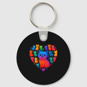 Colorful Rainbow Cats Heart Valentines Day Cat Gra Keychain