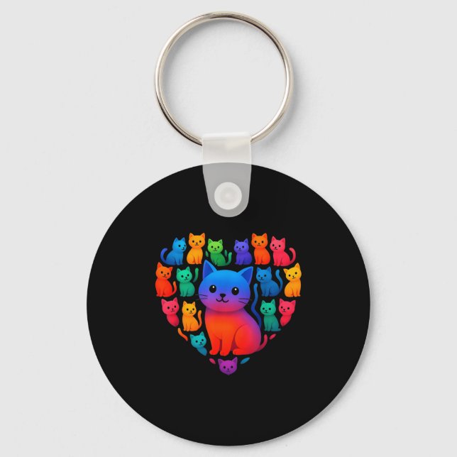 Colorful Rainbow Cats Heart Valentines Day Cat Gra Keychain (Front)