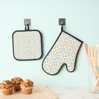 COLORFUL RAINBOW COLORED WAVE LOOK OVEN MITT & POT HOLDER SET