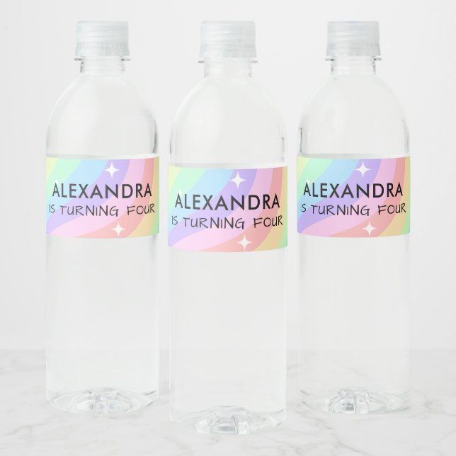 Colorful Rainbow Girl 4th Birthday Water Bottle Label (Bottles)