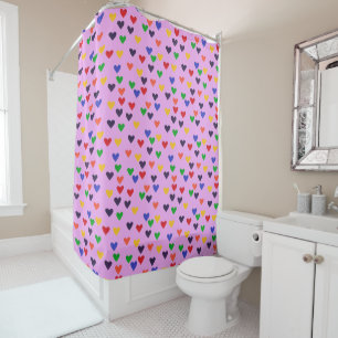 Colorful Rainbow Hearts on Pink Shower Curtains