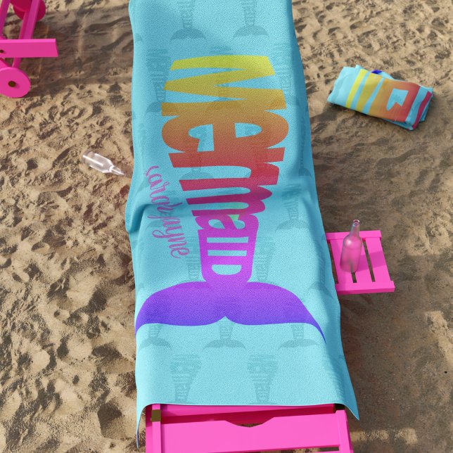 Colorful Rainbow Mermaid Tail Aqua Beach Towel (Colorful and fun mermaid themed beach towel just for you. Add your name!)