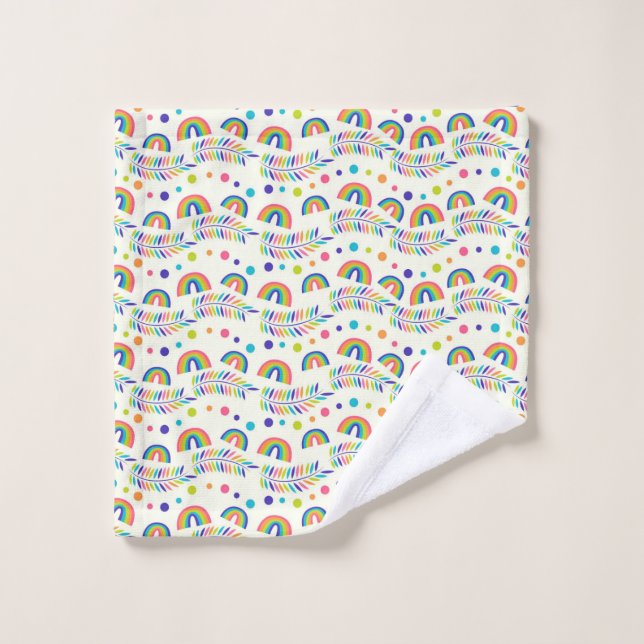 colorful rainbow-patterned towel set and washcloth (Gant de toilette)