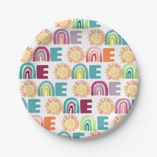 Colorful Rainbow & Suns 1st Birthday Watercolor Paper Plate