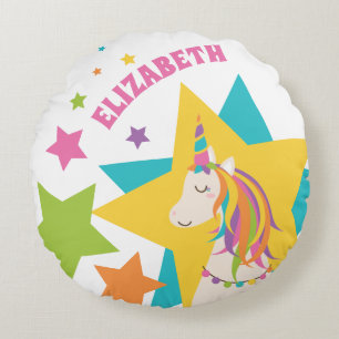 Colorful Rainbow Unicorn Stars Girly Custom Name Round Pillow