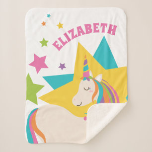 Colorful Rainbow Unicorn Stars Girly Custom Name Sherpa Blanket