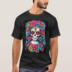 Colorful Rebellion Vibrant Skull and Flowers Graph T-Shirt