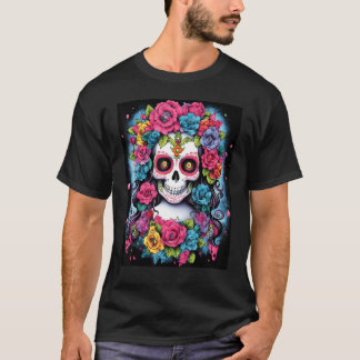 Colorful Rebellion Vibrant Skull and Flowers Graph T-Shirt