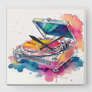 Colorful Record Player Square Wall Clock
