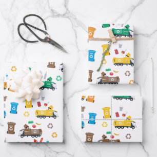 Colorful Recycling Garbage Trucks & Bins Wrapping Paper Sheet