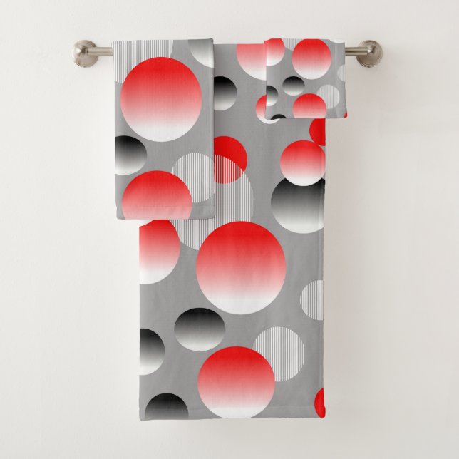 COLORFUL RED BLACK GREY GEOMETRIC ABSTRACT PATTERN BATH TOWEL SET (Insitu)