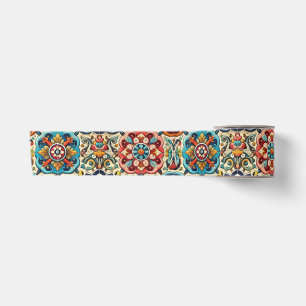 Colorful Red, Blue and Yellow Tiles Satin Ribbon